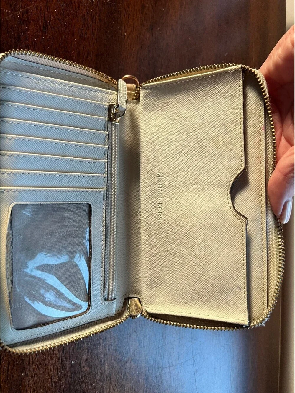 Michael Kors Beige Signature Logo Zip-Around Wallet with Gold Hardware